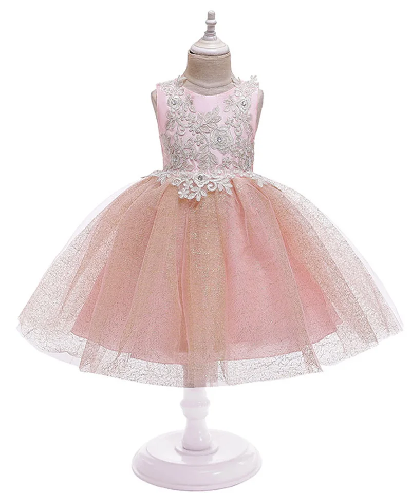 Сетчатое платье цвета шампанского с кружевной аппликацией; платье принцессы для девочек; детское вечернее бальное платье; vestidos WG-D0073