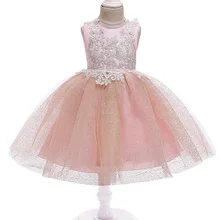 Сетчатое платье цвета шампанского с кружевной аппликацией; платье принцессы для девочек; детское вечернее бальное платье; vestidos WG-D0073