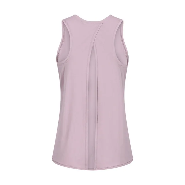 Solid Color Fitness Women Tank Top Back Strap Yoga Shirt Vest Loose-fitting Blouse Gym Clothe Breathable Quick-drying Sportswear Dark Powder