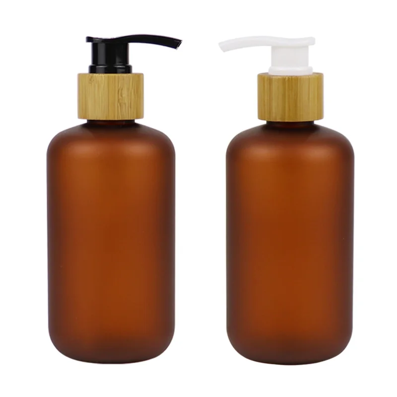 

500ml frosted transparent amber brown cosmetic plastic PET shampoo bottle with black/white bamboo lotion pump