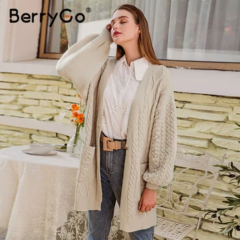 

BerryGo Causal apricot autumn winter women cardigan Elegant v-neck long sleeve knitted sweater Fashion pocket straight cardigan