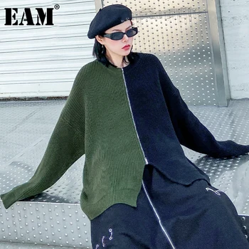 

[EAM] Contrast Color Big Size Knitting Cardigan Sweater Loose Fit O-Neck Long Sleeve Women New Fashion Autumn Winter 2020 1DC354