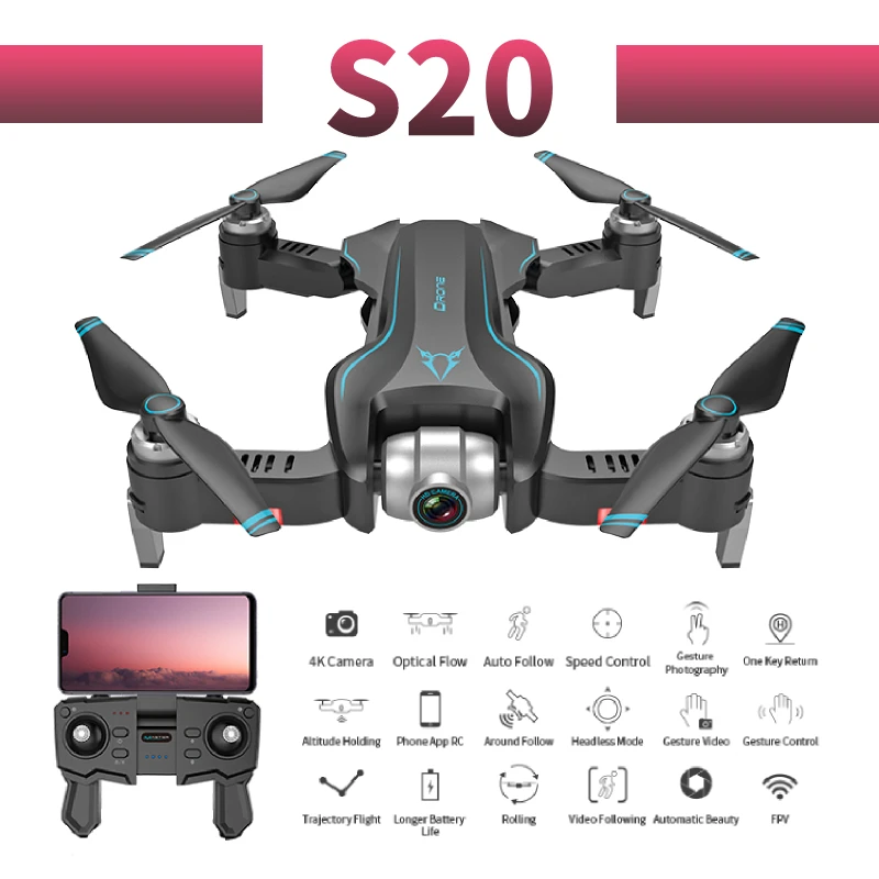 Радиоуправляемый квадрокоптер S20 Дрон gps 4K HD Двойная камера 5G wifi FPV складной селфи