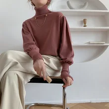 

Japanese Simple Temperament High Neck Sweater Women Autumn and Winter 2021 New Puff Sleeve Long Sleeve Loose Bottoming Shirt