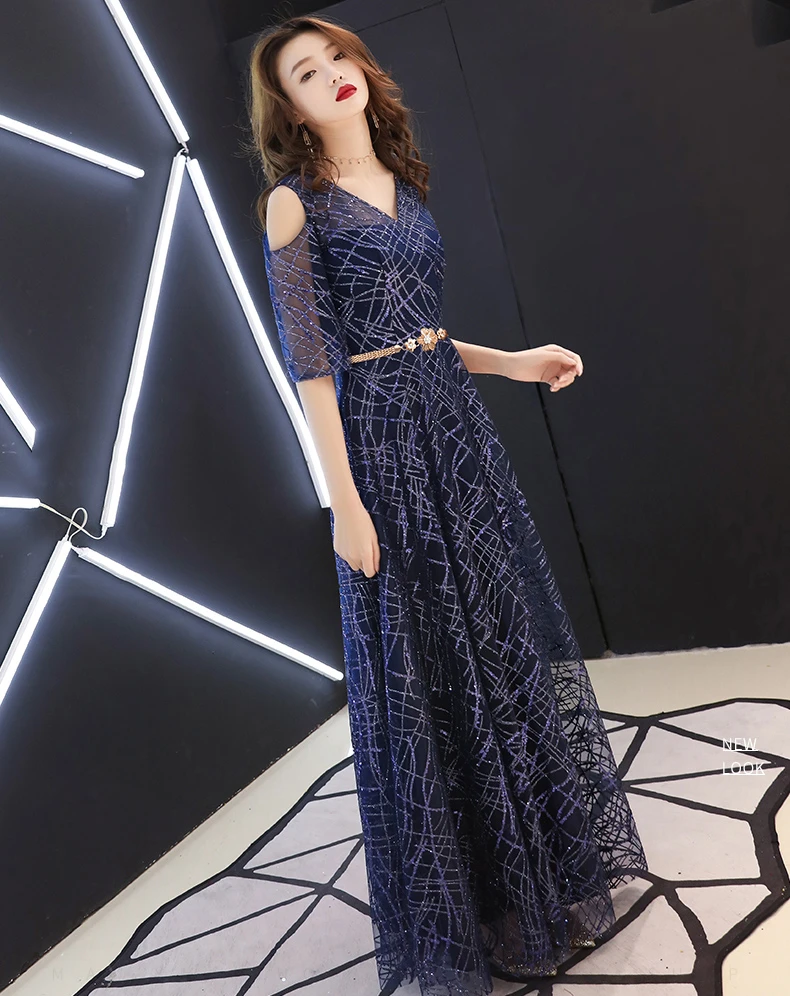 Современный хост Элегантные Длинные Cheongsam синие вечерние платья Qi Pao женское традиционное китайское платье Qipao Promoiton кружевное нарядное платье