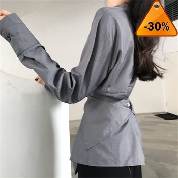 

New Gray 2020 Cross Waist Irregular Design Stand Collar Shirt Asymmetrical Temperament Personality Women Blouse