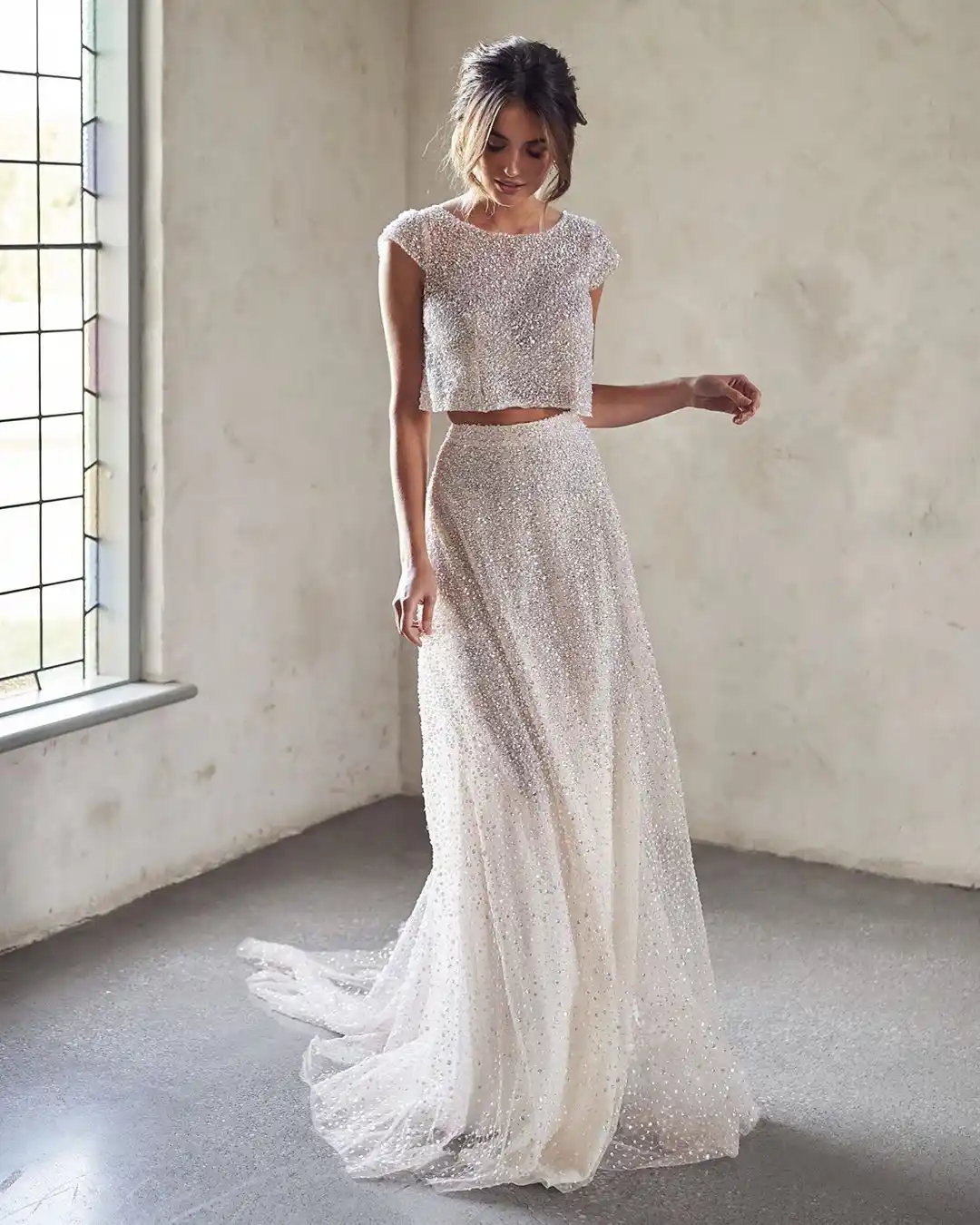 white sequin crop tops