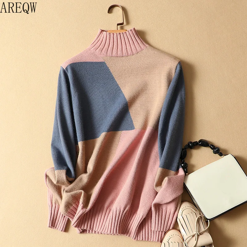 

Turtleneck Women Oversized Sweaters and Pullovers 2019 Autumn Winter New Style Loose Knitted Pullovers Long Sleeves