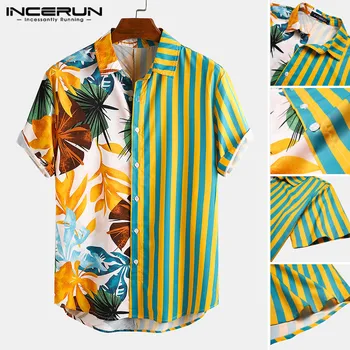 

INCERUN Sleeve Lapel Patchwork Shirt Casual Loose Soft Camisa Summer Hawaiian Holiday Blusas Men Ethnic Printed Shirts Short 5XL