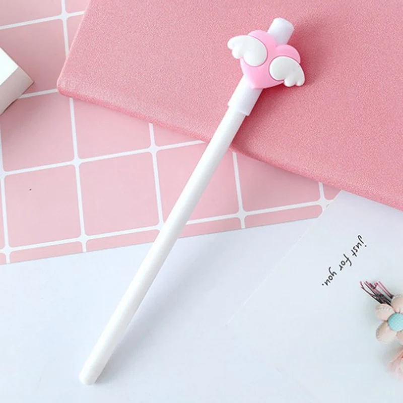 Милые гелевые ручки с белыми крылышками для девочек, Kawaii, розовое сердце, 0,5 мм, черные чернила, ручка, школьные офисные принадлежности, канцелярские принадлежности, инструмент для подписи, подарки