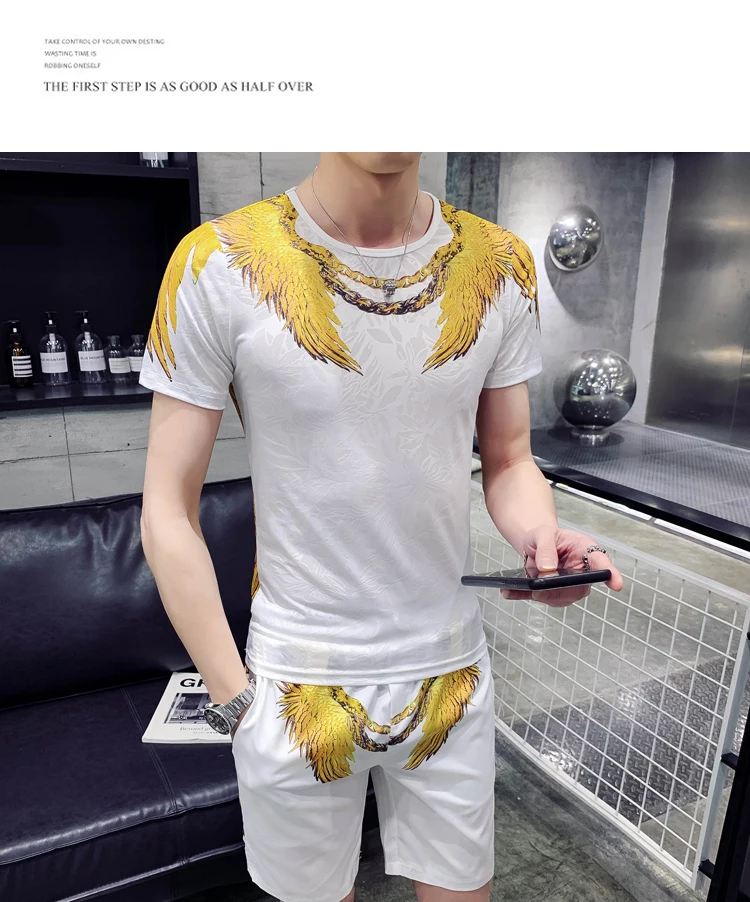Футболка+ шорты tweddelige mannen Sportkleding Set mannen t-shirt модный мужской Комплект футболок Persoonlijkheid с принтом орла