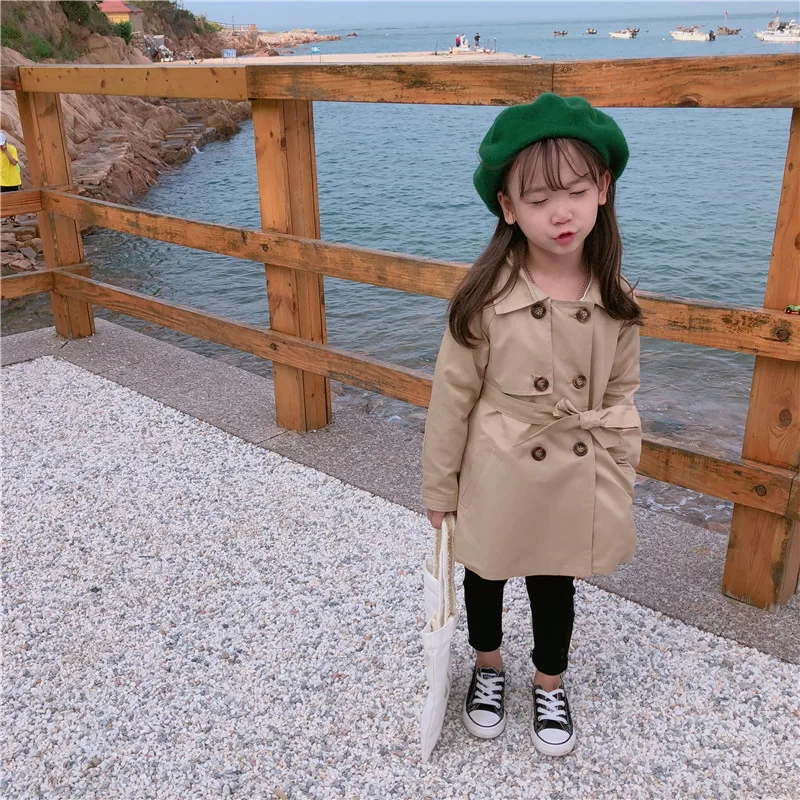 

2019 Autumn New Arrival Korean style cotton pure color fashion long sleeve windbreak long coat with belt for sweet baby girls