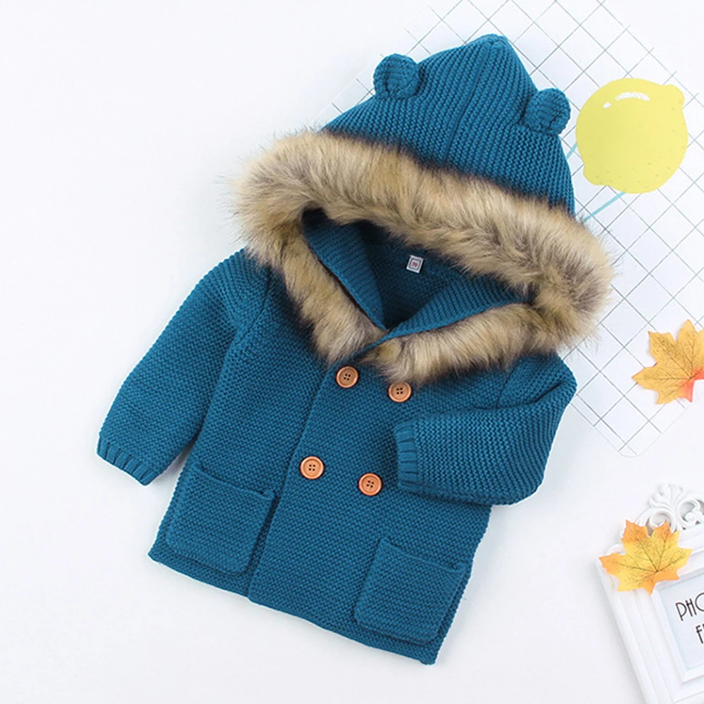 Зимнее теплое вязаное пальто с капюшоном для новорожденных мальчиков и девочек куртка с меховым воротником плотная осенняя одежда