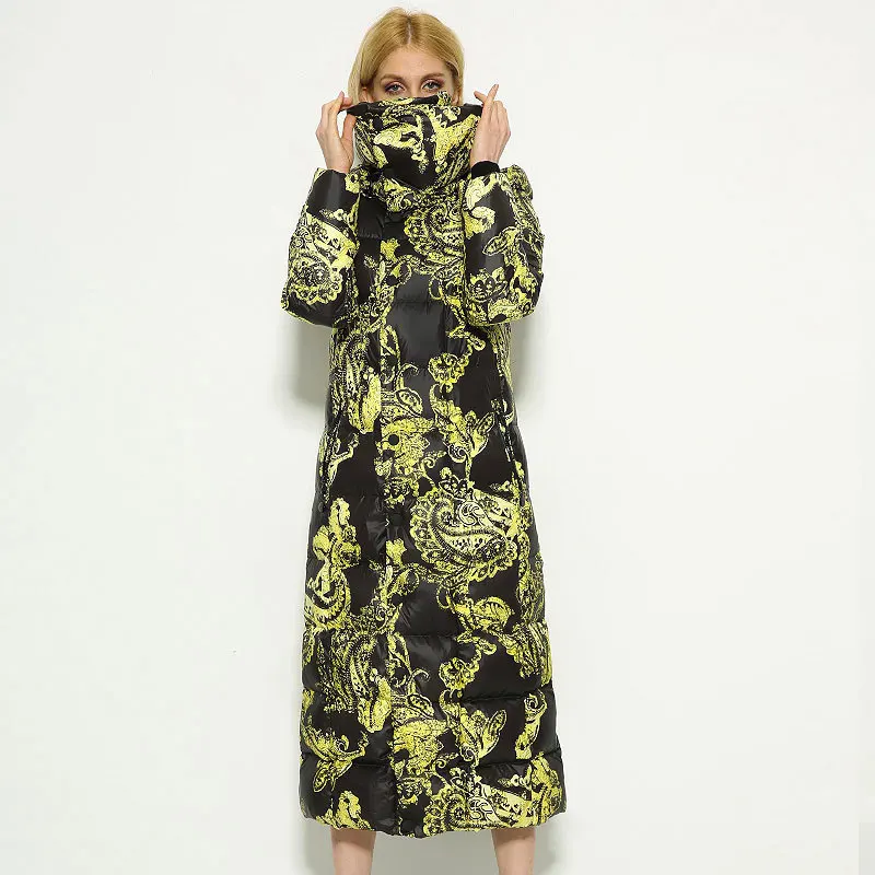 Новинка 2020 длинный пуховик Женское зимнее пальто с принтом 90% белый утиный пух