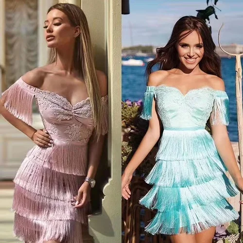 

Top Quality Pink Light Blue Slach Neck Tassel Rayon Bandage Dress Evening Party Dress