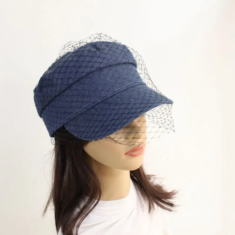 

British Style Retro Denim Flat Beret Cap with Mesh Veil Women Girl Sun Protection Visor Button Painter Elegant Military Navy Hat