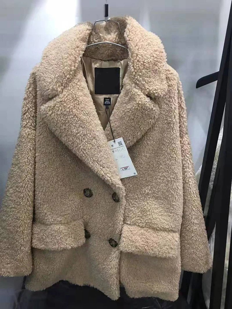 Осенне-зимнее толстое теплое пальто из искусственного меха овечьей шерсти женское двубортное длинное пальто Женская Повседневная Свободная верхняя одежда плюшевое пальто - Цвет: Khaki