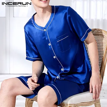 

Summer Men Pajamas Sets Breathable Short Sleeve Soft Homewear Tops Shorts Solid Nightwear 2 Pieces Mens Sleepwear Sets INCERUN