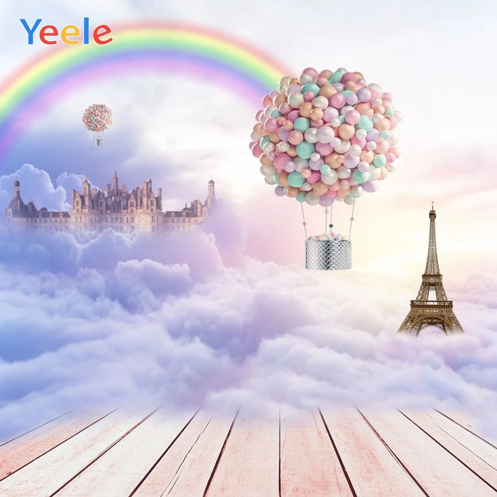 Виниловый фон для студийной фотосъемки с изображением воздушного шара замка Эйфелевой башни радужного неба облаков