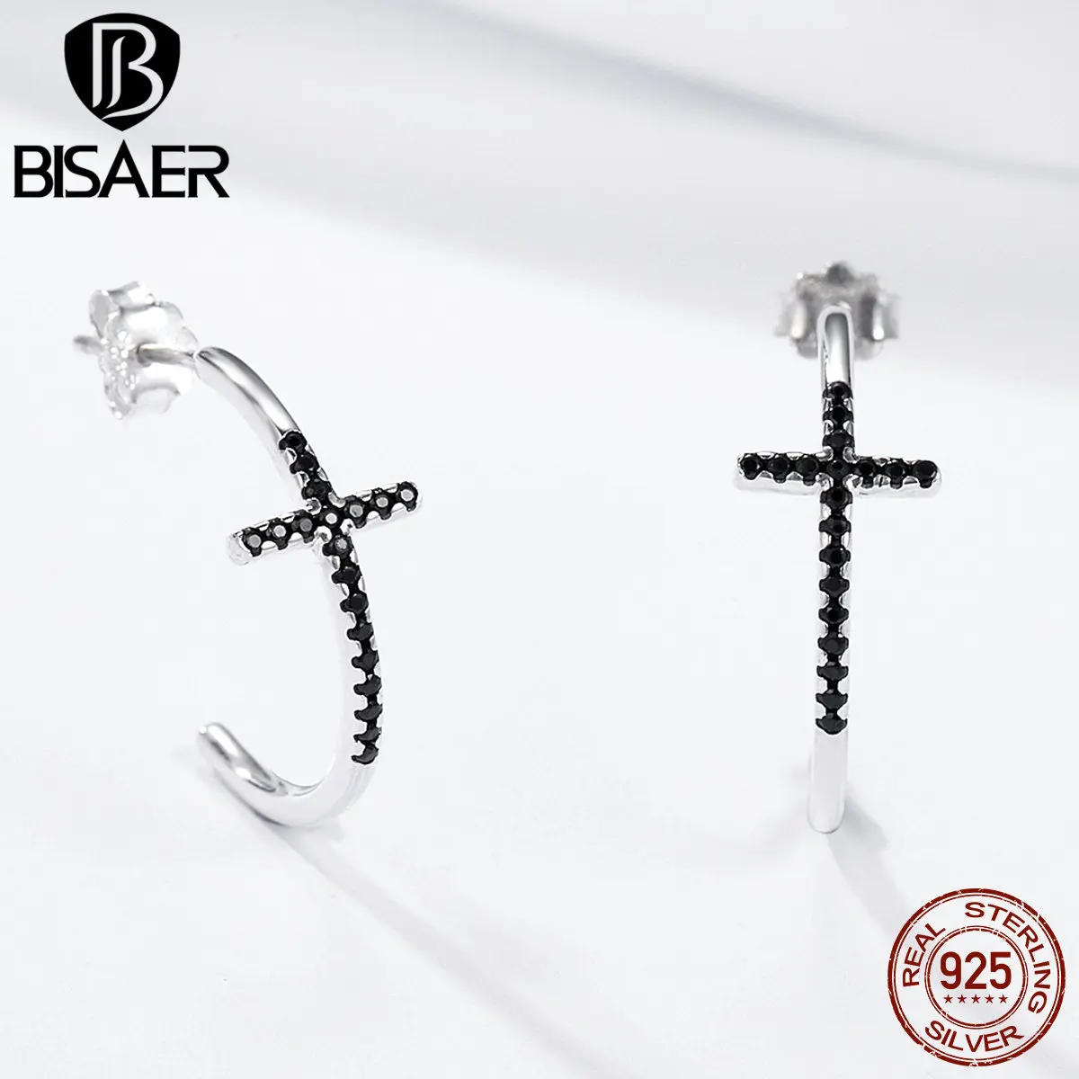 

BISAER 2019 New 925 Sterling Silver Classic Faith Cross Black CZ Hanging Drop Earrings for Women Vintage Silver Jewelry GXE262