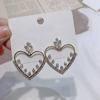 

AENSOA Elegant Luxury Exaggerated Crystal Hollow Heart Earrings Simple Korean Statement Dangle Wedding Earing Rhinestone Jewlery