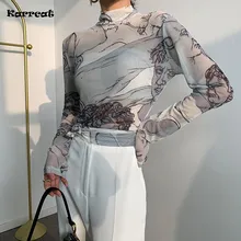 

Karrcat Turtleneck Mesh Blouse Women Renaissance Print Long Sleeve See Through Top Ladies Sheer Designer Top Clothing