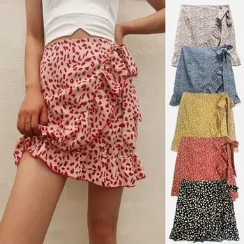 

Women Ruffle High Waist Mini Skirt Split Bow Tie Printed Short Skirts Female 2020 Fashion Summer Streetwear Slim Ladies Bottoms