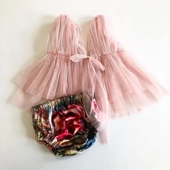 

Brand Sweet Newborn Baby Princess Clothes Summer Baby Girl Sleeveless V-neck Bandeau Mesh Tulle Top Mini Dress Printed PP Shorts