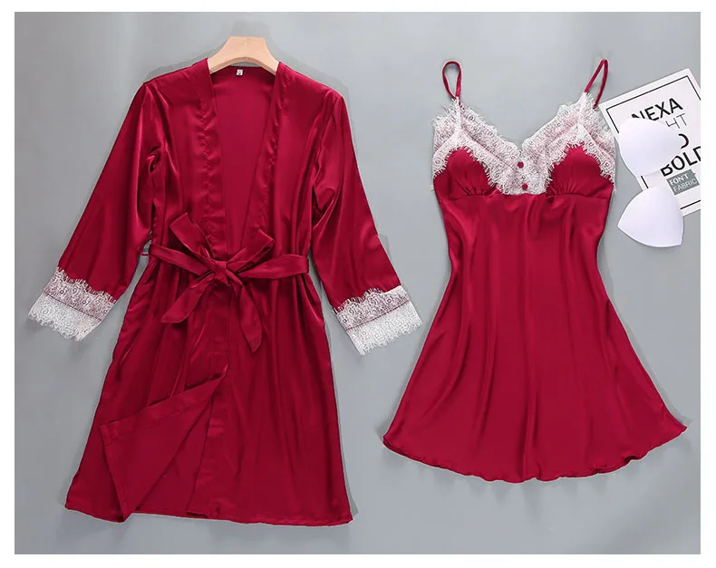 Queenral 2PCS Sexy Women's Robe Gown Sets Night Woman Nightgown Summer Nightdress Lace Satin Sleepwear Pajamas With Chest Pad   24