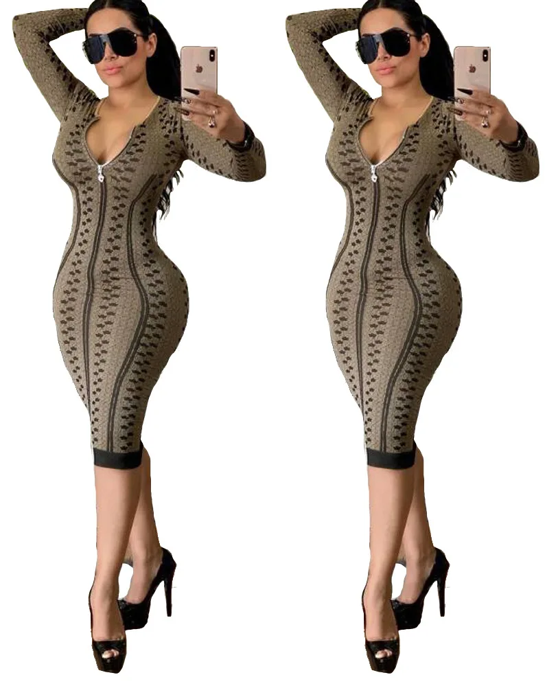 Women Zipper Geometric Print Long Sleeve Bodycon Midi Dress Autumn 2020 Sexy Night Club Party Stretch Skinny Dresses Vestidos Women Zipper Geometric Print Long Sleeve Bodycon Midi Dress Autumn 2020 Sexy Night Club Party Stretch Skinny Dresses Vestidos