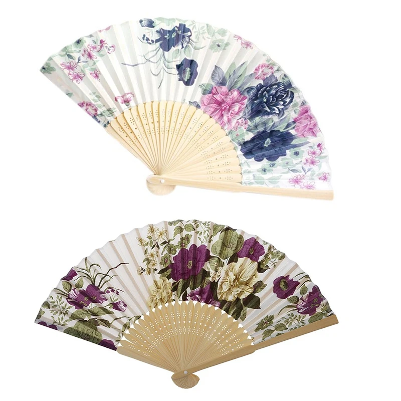 

1Pcs Bamboo Frame Floral Pattern Oriental Summer Dancing Folding Fan White Beige & 1Pcs Floral Pattern Fabric Folding Hand Fan W