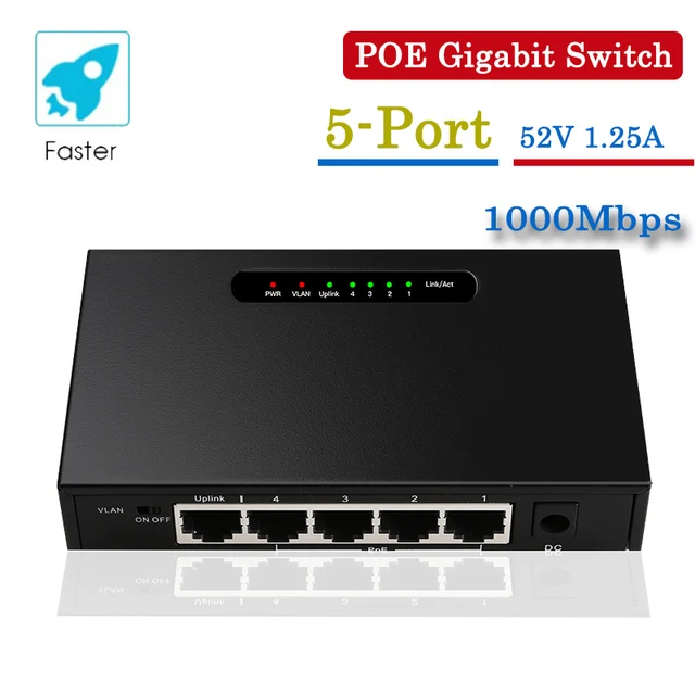 5-Port POE Gigabit 10/100/1000M Switch Desktop Gigabits Ethernet switch Fiber Optical Media Converter for Wireless AP/POE Camera 1