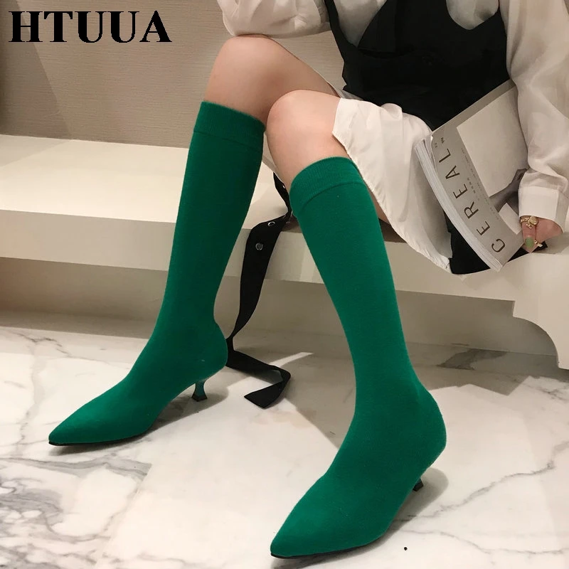 HTUUA Women Boots Candy Color Spring Autumn Stretch Socks Boots Female Pointed Toe Low Heels Knee-High Boots Ladies Shoes SX3494