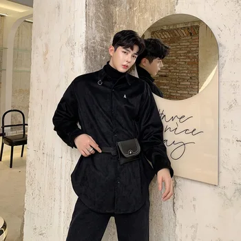 

Men Leather Bag Include Belt Rivet Loose Long Sleeve Casual Velvet Thick Shirt Male Streetwear Hip Hop Punk Gothic Shirts Coat