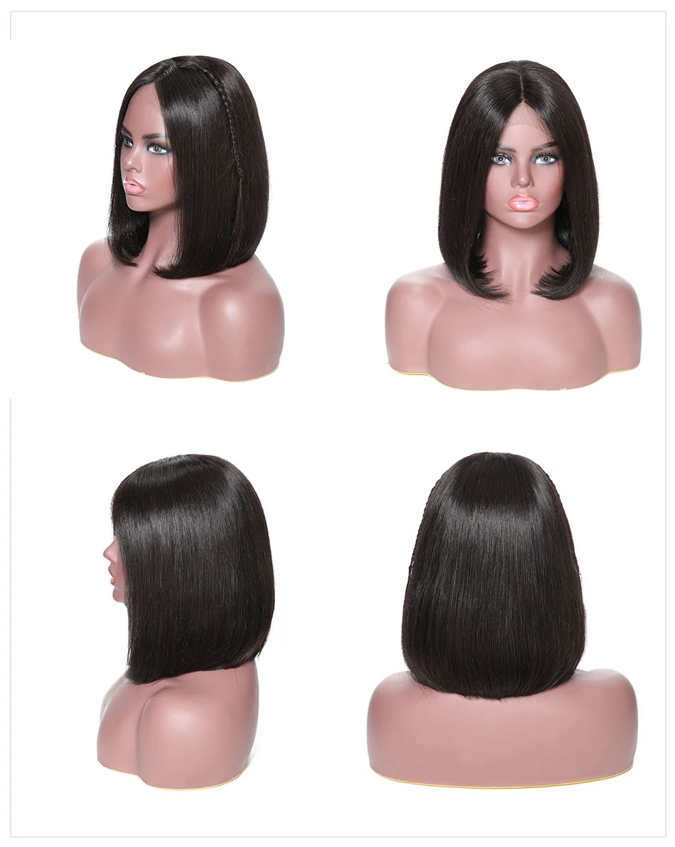 13*4 Lace Front Human Hair Short Straight Blunt Cut Bob Deep Part Brazilian  Wig