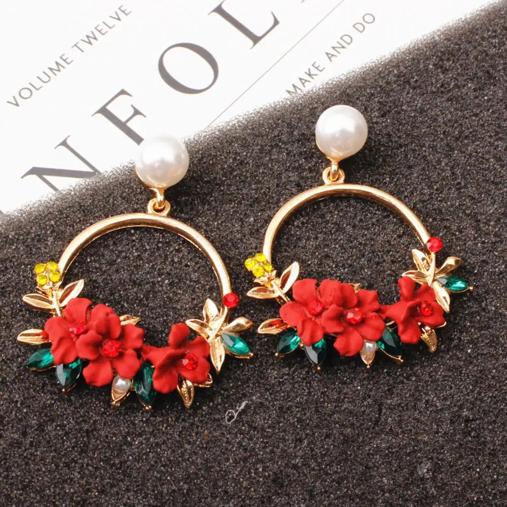 

New 2019 Korea Polymer Clay Cherry Blossom Flower Big Circle Hoop Earrings Rhinestone Trim Pearl Earrings For Women Party Gift