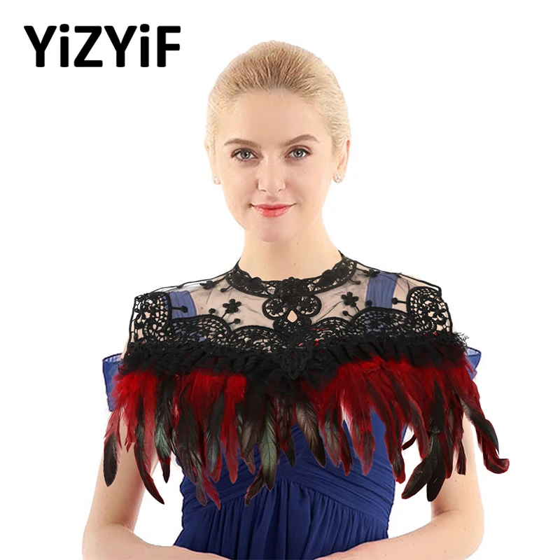 Women Costume Decoration Embroidery Lace Shrugs Cape Shawl Real Natural Feather Harness Collar Necklace Bib With Ribbon Ties