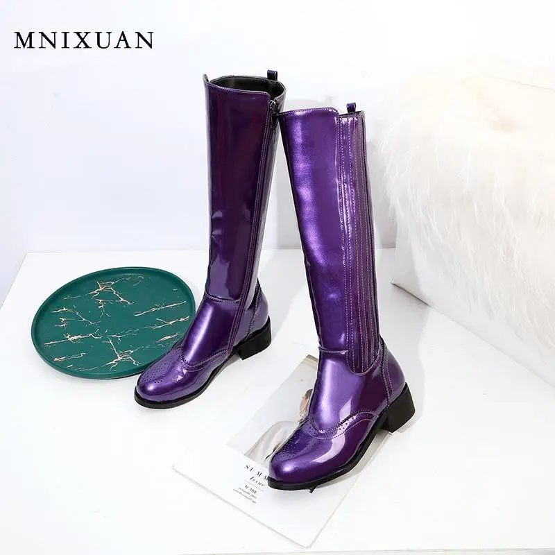 MNIXUAN/Женская обувь; Размеры 10; фиолетовые ботинки; коллекция года; новые модные зимние ботинки из лакированной кожи в готическом стиле на блочном каблуке; желтые высокие ботинки Bullock