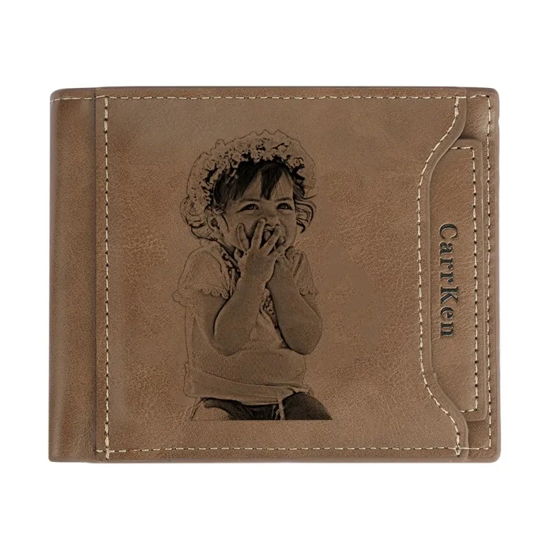 Photo Wallet Customized Engraving Wallet Short Style Bifold Purse Youth Men's PU Leather Vintage Multi-Function Card Package