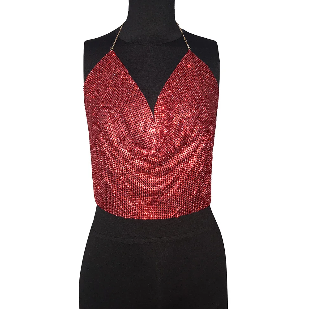 Crystal Tank Top Womens V Neck Metal Mesh Crop Top Beach Sexy Sparkly Sequin Draped Chain Backless Club Vest Rave Festival Top