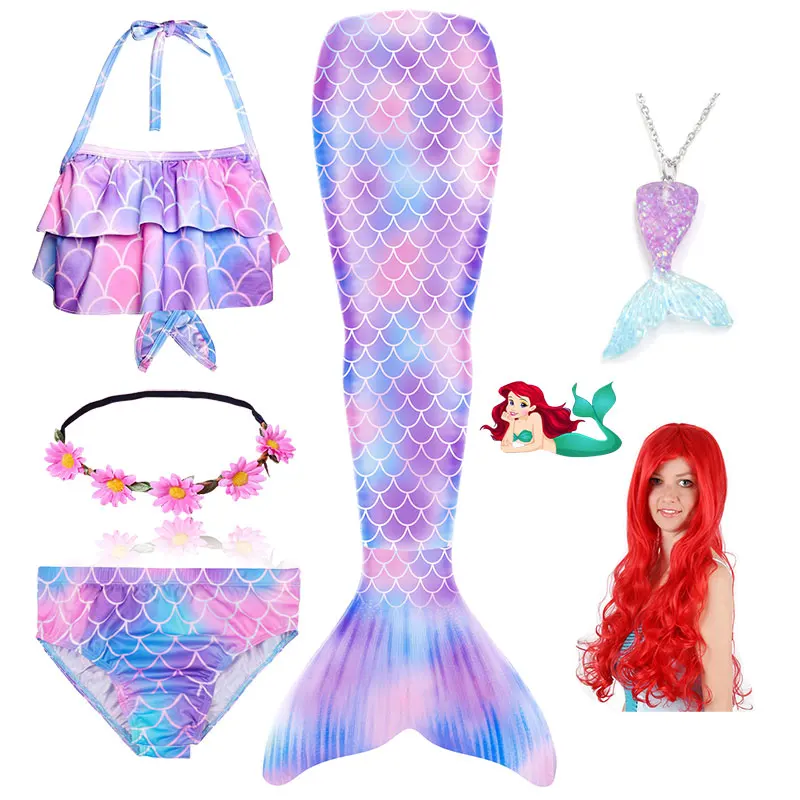 Женский детский русалочий костюм, костюм для плавания- купальник, парик, хвост, пристегивающийся моноласт, для девочек