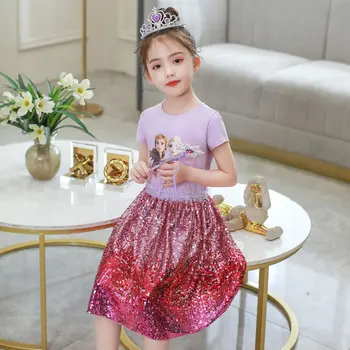 

2020 Snow Queen 2 Costume For Girl Sequins Lace Dress Summer Elza Kid Up Disguise Fantasy Party Princess Frock Child Puffy 5 10T