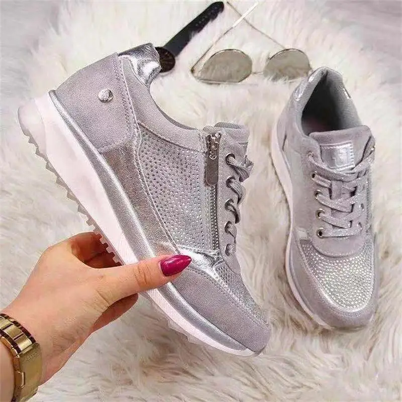 Women's Vulcanized Shoes 2020 Casual Wedge Ladies Flat Shoes Zipper Lace Up Comfortable Female  Shoes Outdoor Single Sneakers 