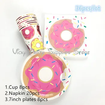 

36pcs/lot Donut Theme Disposable Tableware Birthday Anniversary Baby Shower Candy Bar Cup Plate Donut Party Decoration Supplies