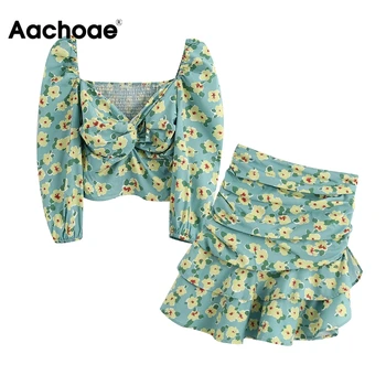 

Bohemian Floral Print Two Piece Skirt Set Women Sexy Backless Short Ladies Tops+Ruffles High Waist A Line Mini Skirt Sets 2020