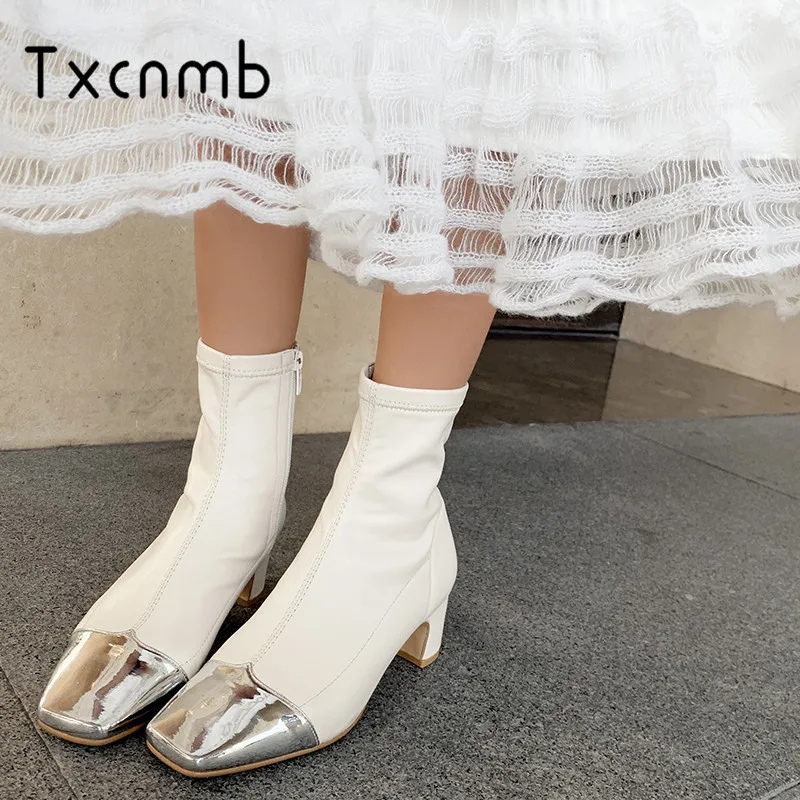 

2019 Genuine leather Winter Women Ankle Boots white Zipper High Heels Basic Shoes Woman Warm Snow Boots Female Platform Boots