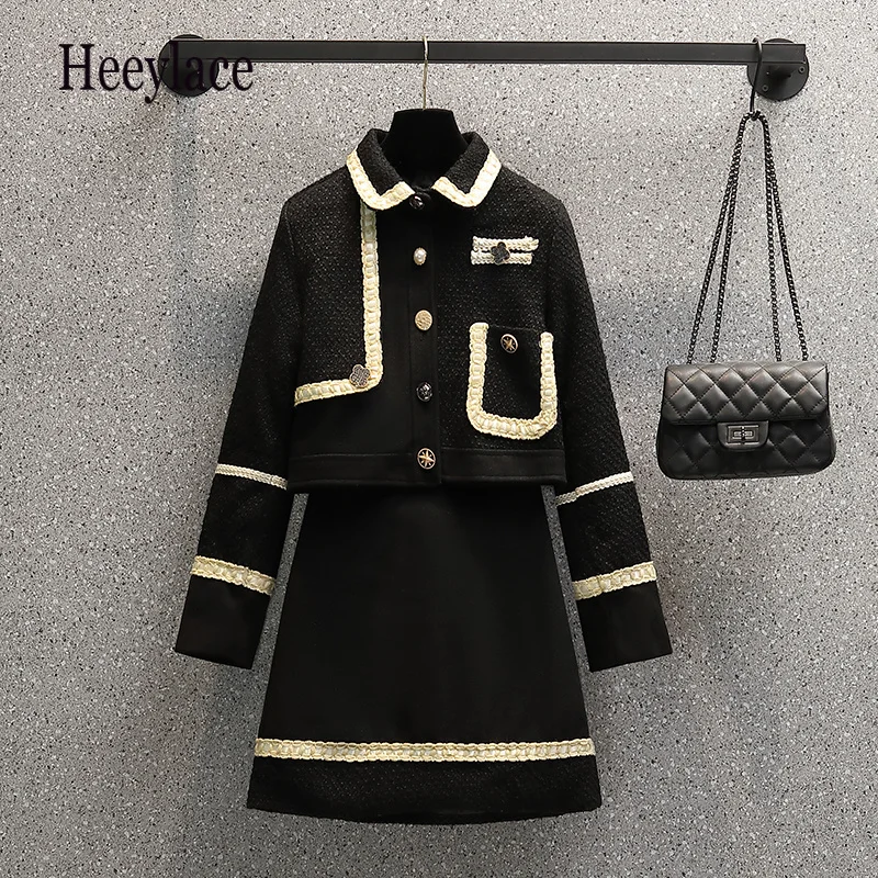 

Женский винтажный костюм из двух предметов, Элегантная куртка с длинным рукавом и черная юбка миди на осень и зиму