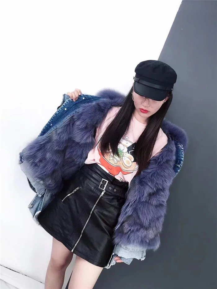 real fur coat Winter Jacket Women Coat Real fox Fur lined denim jacket Parka back letter print