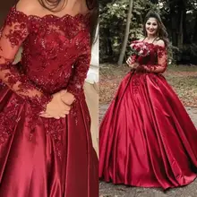 Сексуальные бордовые темно-красные вечерние платья с открытыми плечами кружевные цветы вышитые бисером Длинные рукава плюс размер вечерние платья Вечерние Выпускные платья