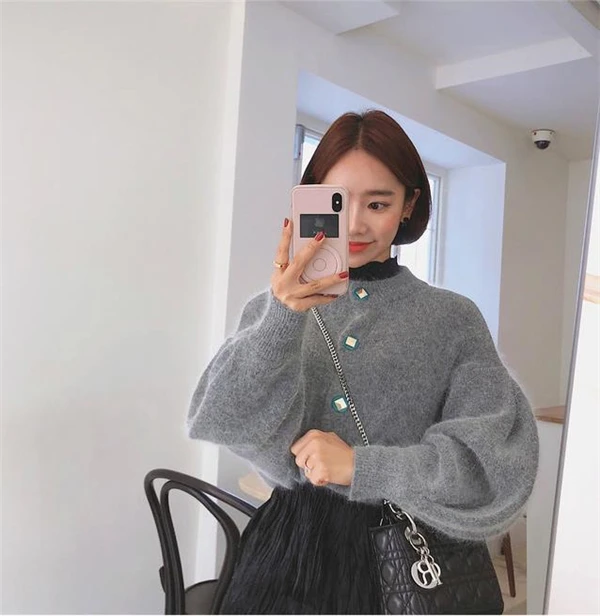 RUGOD корейский вязаный женский элегантный сладкий фонарь рукав зимнее теплое пальто женский модный однобортный свитер - Цвет: Серый